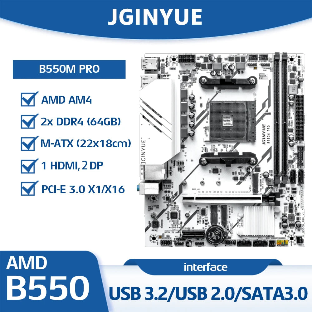 JGINYUE B550M PRO AM4 Motherboard, Support AMD Ryzen 4000 5000 CPU, Dual Channel DDR4 64GB Max XMP, 2 NVME M.2 + 4 SATA3.0, HDMI Dual DP, PCIe X16, USB 3.2/2.0 MATX Desktop Mainboard