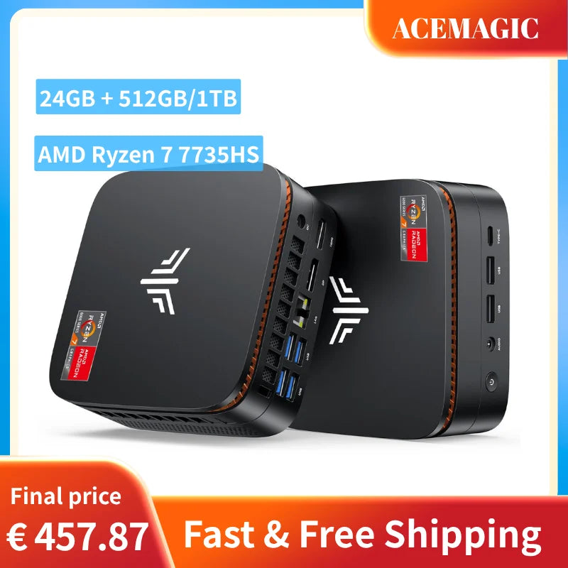 ACEMAGIC Mini PC AMD Ryzen 7 7735HS 24GB LPDDR5 512GB NVMe SSD Windows 11 Pro Triple 4K Display 2.5G LAN WiFi 6  Gaming Mini PC