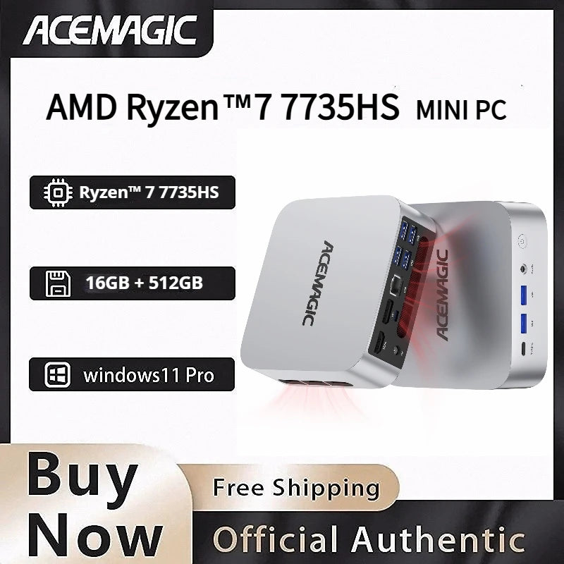 ACEMAGIC Mini PC AMD Ryzen 7 7735HS 16GB RAM 512GB SSD Windows 11 Pro Mini Computer  4K Triple Display, WiFi 6 BT 5.2 Expandable