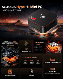 ACEMAGIC Mini PC AMD Ryzen 7 7735HS 24GB LPDDR5 512GB NVMe SSD Windows 11 Pro Triple 4K Display 2.5G LAN WiFi 6  Gaming Mini PC