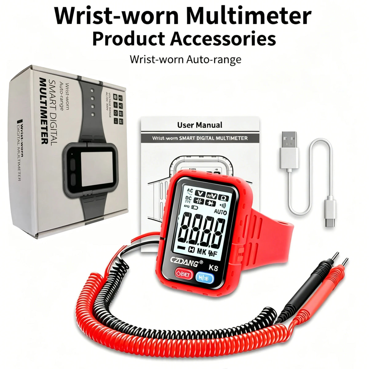 Wrist-worn Auto-ranging Digital Multimeter Multi Tester DCV ACV Resistance Continuity Measurement with Wearable Wrist Strip