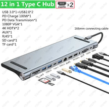 12in1 USBC Hub Multiport Docking Station Dual HDTV 100W PD SD TF Card Reader Audio 1080P VGA OTG Adapter for MacBook Dell Laptop