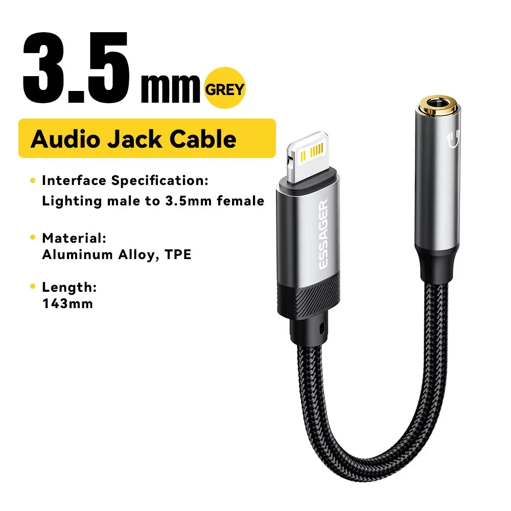 Adaptador de audio Essager de Lightning a jack de 3.5 mm, cable auxiliar para auriculares, adaptador de USB tipo C a 3.5 mm, OTG tipo C para iPhone, Xiaomi, OnePlus