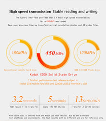 Kodak X200 Portable SSD 2TB 1TB 512GB 256GB USB 3.1 Type C External Solid State Drive for PS4 Laptop MacBook PC