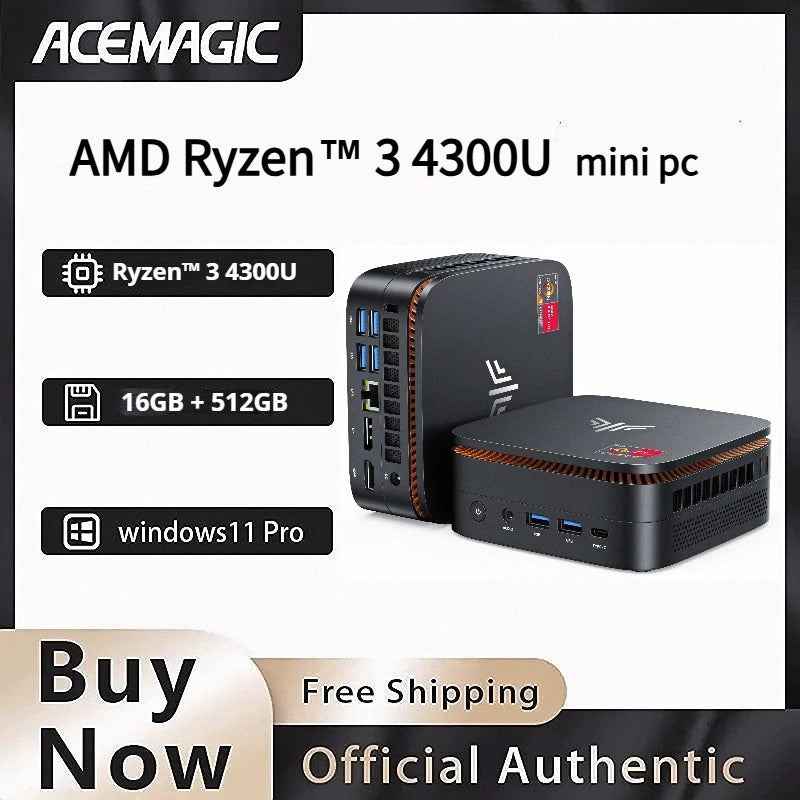 ACEMAGIC AMD Ryzen 3 4300U Mini PC 16GB LPDDR4 512GB SSD Windows 11 Pro Triple 4K WiFi 6 High Performance Business Desktop PC