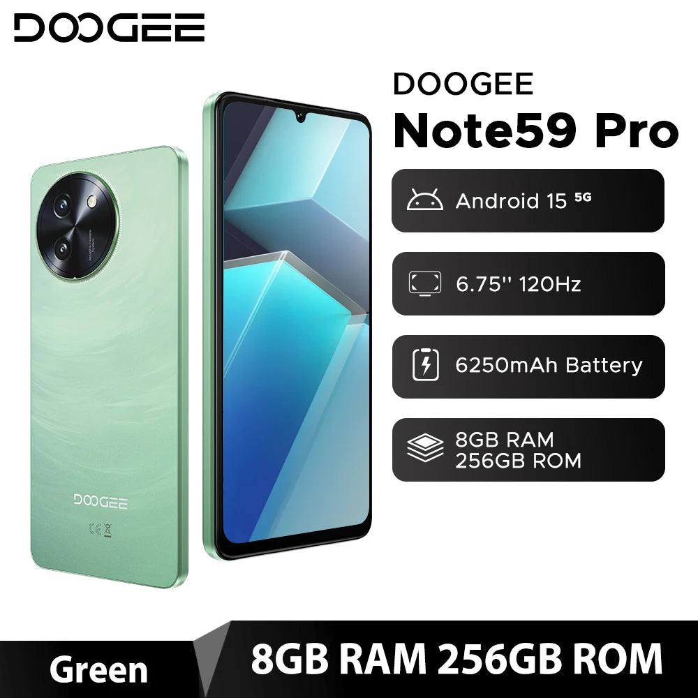 DOOGEE Note59 Pro 5G Smartphone 6.75" HD+ Android 15 Mobile Phone 8GB RAM 256GB ROM 6250mAh Battery NFC Global Version  Cellphon