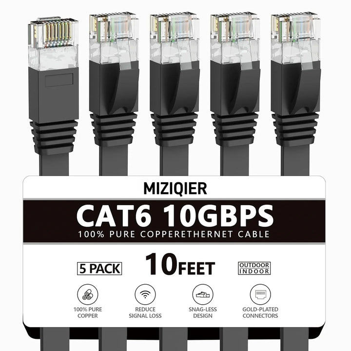 MIZIQIER 5-Pack Cat6 Ethernet Cable,10Gbps Flat Internet Network Cable for Cat5e Cat5 Computer LAN Cable with Snagless RJ45