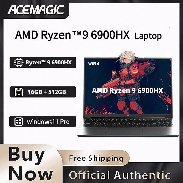 ACEMAGIC AMD Ryzen 9 6900HX Gaming Laptop 16GB LPDDR5 6400MHz 512GB NVMe SSD 16 Inch FHD IPS High Refresh Display WiFi 6 8C/16T