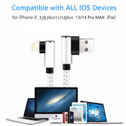 Cable USB de 90 grados para iPhone 14 13 12 11 Pro Max X XR 6s 7 8 Plus 1m 2m, cable de carga rápida y transferencia de datos para teléfono móvil