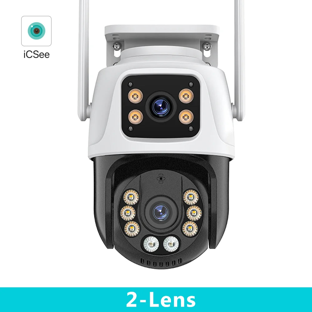 Cámara IP PTZ de tres lentes para exteriores, cámara de seguridad WiFi HD de tres pantallas con seguimiento automático, cámara CCTV inalámbrica de doble lente, iCsee