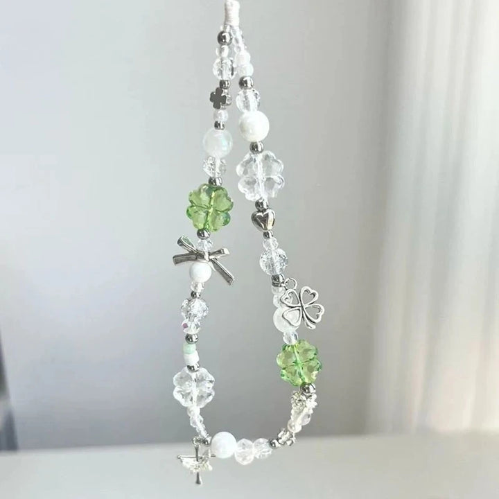Llavero coreano de trébol de la suerte, colgante con cuentas transparentes de color verde para teléfono, cadena, correa, accesorio para colgar en bolsos, regalo