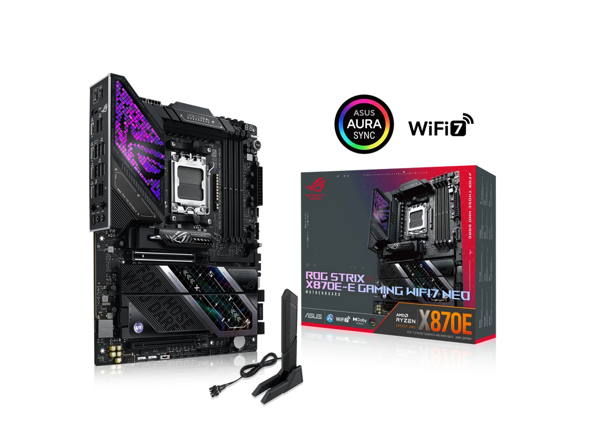 ASUS ROG STRIX X870E-E GAMING WIFI7 NEO, AMD ATX motherboard, 18+2+2 power stages, DDR5 slots, five M.2 slots, PCIe 5.0 with full support for next-gen GPUs, WiFi 7, Dual USB4
