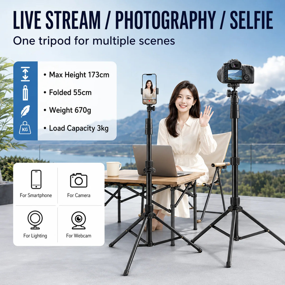 173cm Extendable Phone Tripod Stand, All-in-One Floor Selfie Stick for Live Streaming, Universal Mobile Holder, Stable Tri