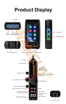 Probador de cables UTP de pantalla táctil WANGLU de 4", PoE, VFL, OPM, TDR, medidor de nivel, búsqueda de IP, escaneo y trazador en una sola herramienta de red