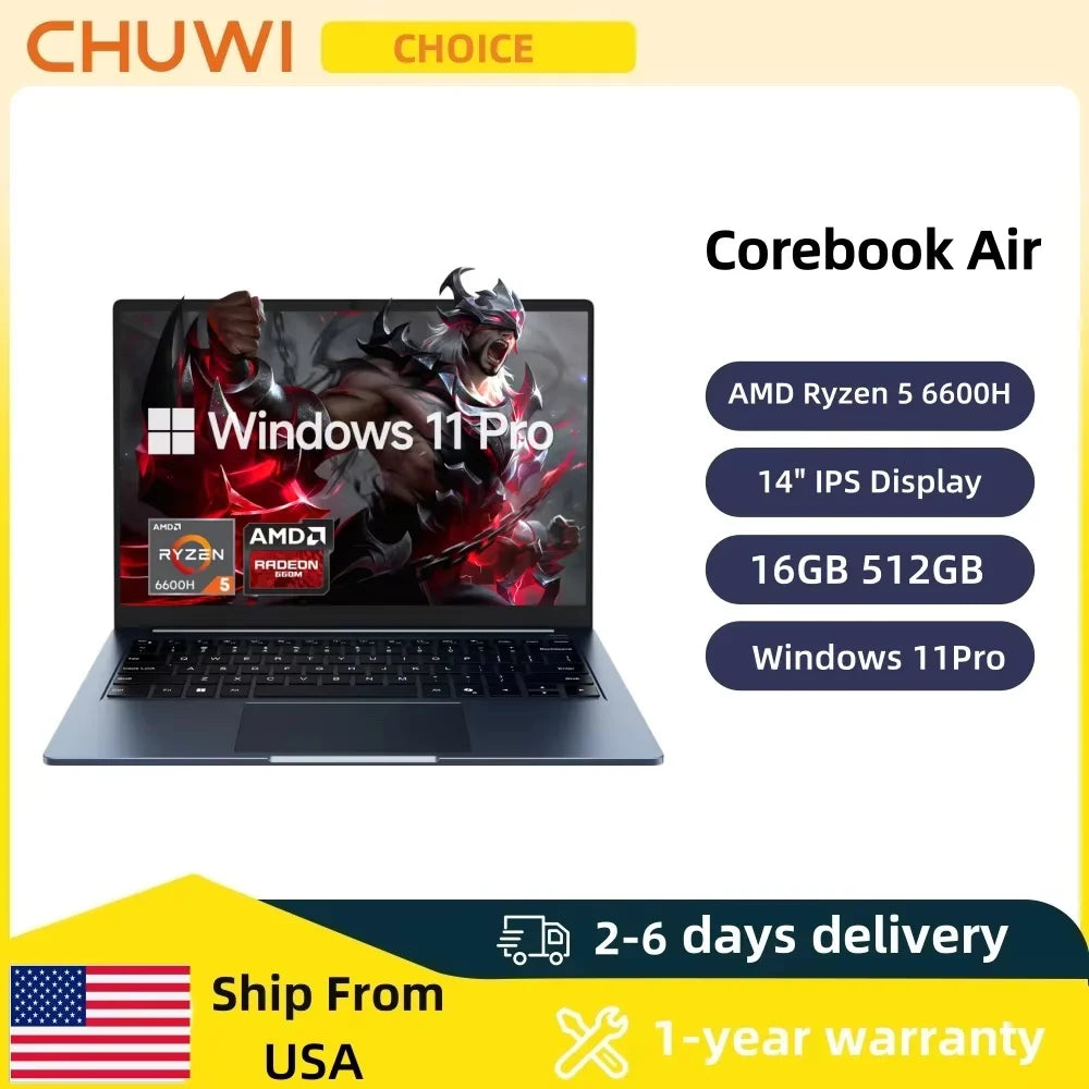 Portátil CHUWI Corebook Air AMD Ryzen 5 6600H, pantalla IPS de 14'', 6 núcleos, 12 hilos, 1 kg, ultraligero, 9-16 mm, ultra delgado, resolución 1920x1200, Windows 11 Pro