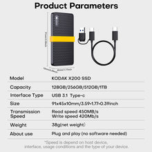 KODAK X200 External SSD Hard Drive USB3.1 Type-C Mini Portable SSD 256B 512GB 1TB For Laptops Smartphone PS4 PC TV