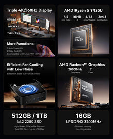 ACEMAGIC Mini PC AMD Ryzen 5 7430U 6C/12T 4.3GHz 16GB LPDDR4x 512GB NVMe SSD WiFi 6 BT5.2 Triple 4K Display HDMI DP Desktop PC