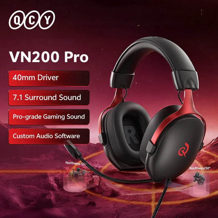 QCY VN200 Pro Wired Gaming Headset With Mic 40mm Driver 7.1 Surround Over Ear Headphones For PC PS4 PS5 Gamer Headphones