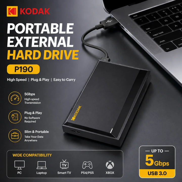 KODAK P190 Portable External HDD 500GB 1TB 2.5 Inch Hard Drive USB3.0 5Gbps Storage Disk for PS5 PS4 Laptop Desktop PC