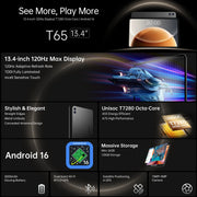Tableta Teclast T65 de 13.4" 2K 120Hz Android 16, Unisoc T7280 Octa Core, máx. 26GB RAM, 128GB ROM, 8000mAh, 4G LTE