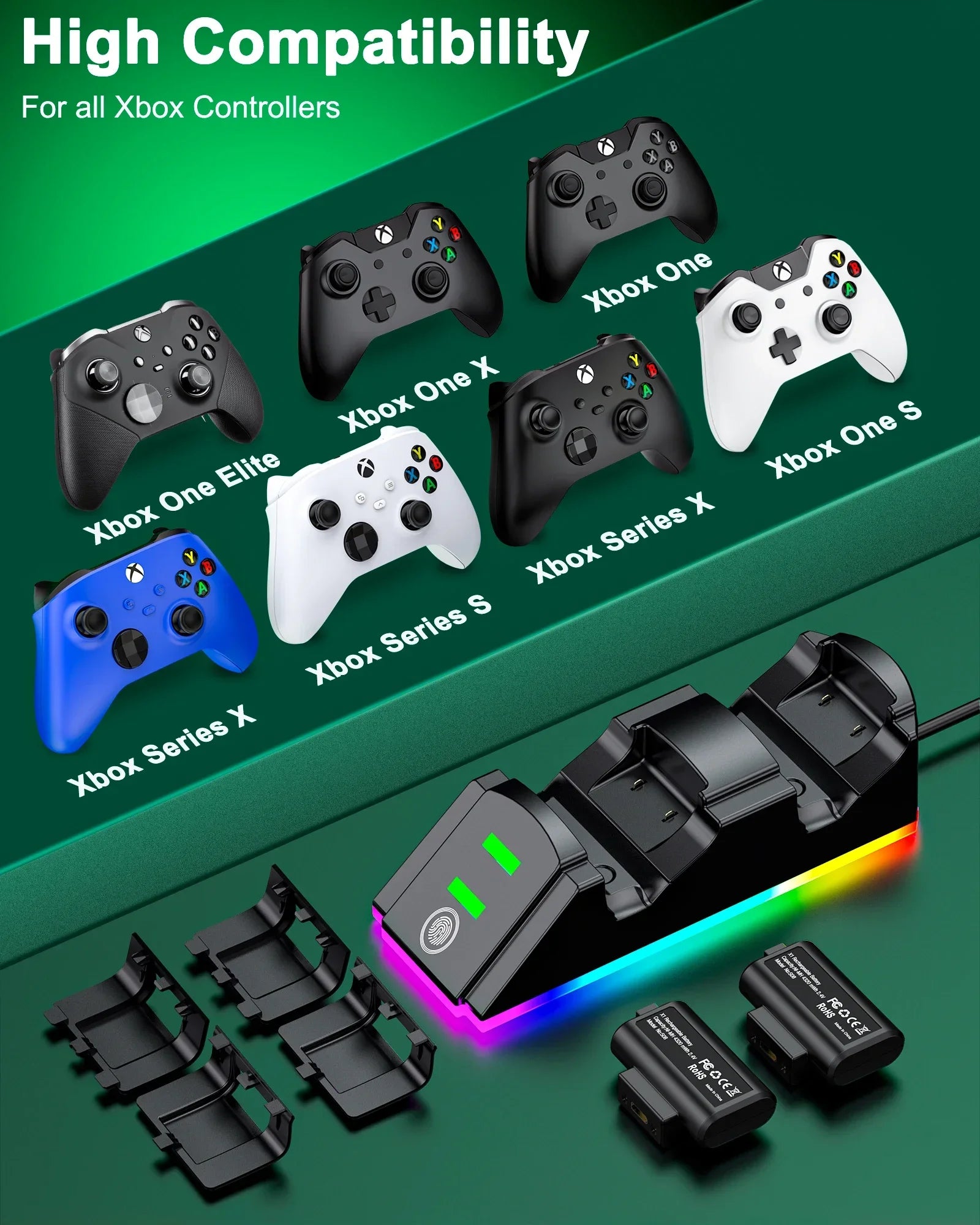 DinoFire  2X4320mWh Rechargeable Battery Pack For Xbox One X/S/Elite Xbox Series X/S Controller Charger For Xbox One Gamepads