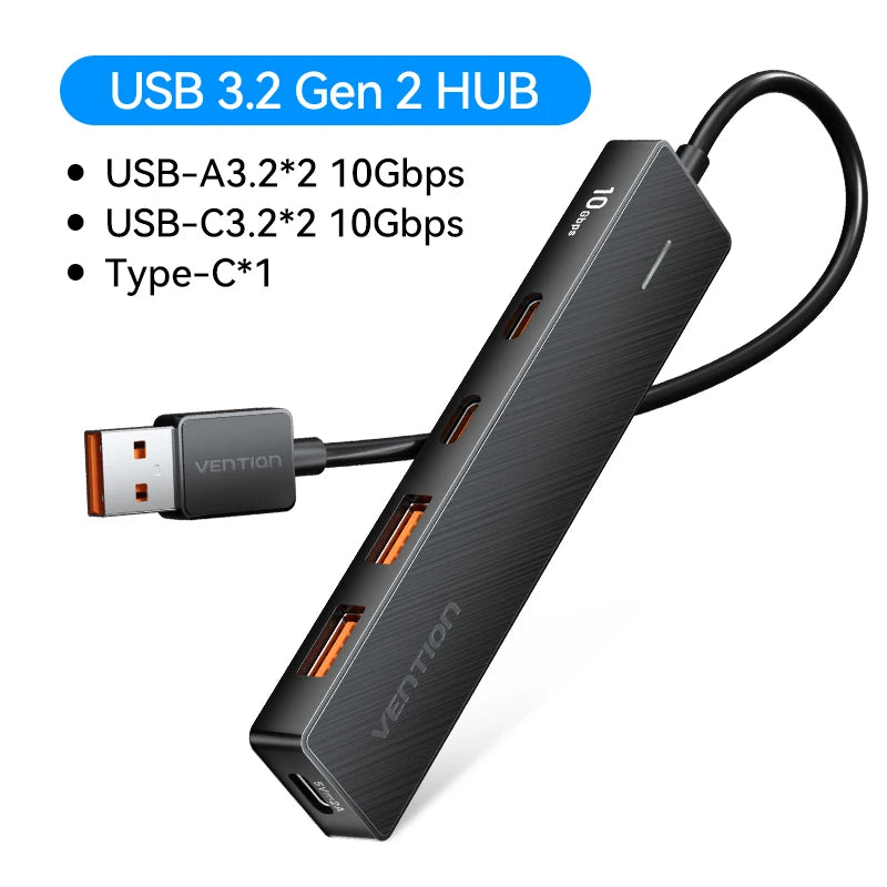 Concentrador USB Vention de 4 puertos ABS, USB 3.2 de 10 Gbps para portátil, adaptador divisor múltiple para accesorios de ordenador, Xiaomi y Macbook.