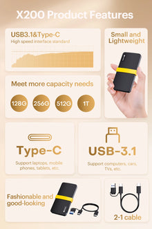 KODAK X200 Portable SSD 1T 512G 256G USB 3.1 Type-C External Hard Drive 450MB/s Mini Solid State Disk for Laptop MacBook PS4 PC