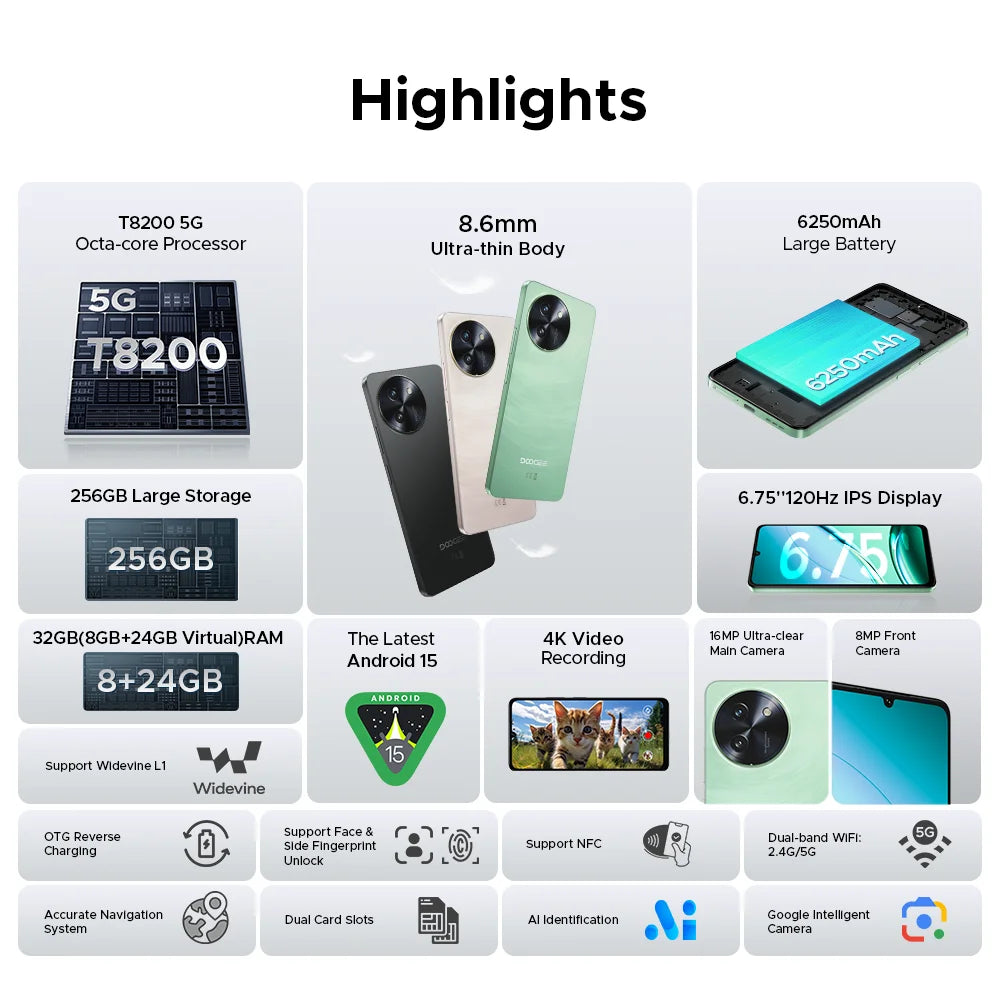 DOOGEE Note59 Pro 5G Smartphone 6.75" HD+ Android 15 Mobile Phone 8GB RAM 256GB ROM 6250mAh Battery NFC Global Version  Cellphon