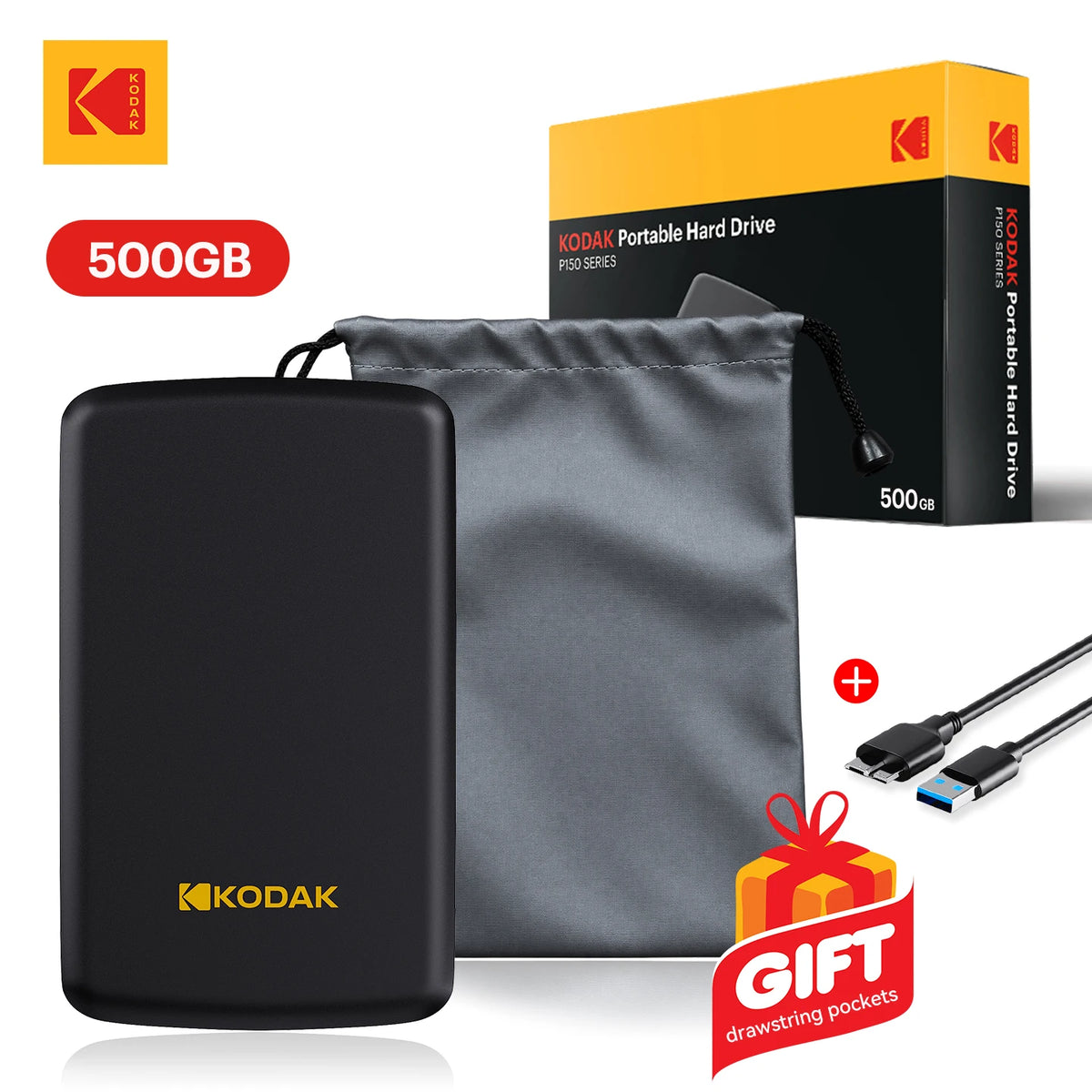 KODAK P150 Portable External HDD 500GB 1TB 2.5 Inch USB 3.0 5Gbps Hard Drive for PC Laptop PS4 PS5 with Free Case