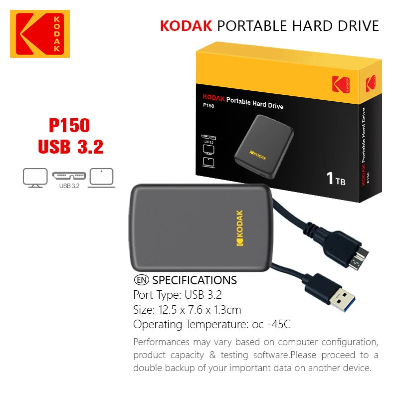 Original KODAK P150 2.5" Portable External Hard Drive 1TB/500GB USB 3.0 Fast Transmission for PC Laptop Smartphone Storage