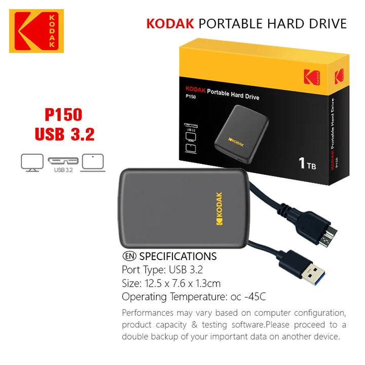 Original KODAK P150 2.5" Portable External Hard Drive 1TB/500GB USB 3.0 Fast Transmission for PC Laptop Smartphone Storage