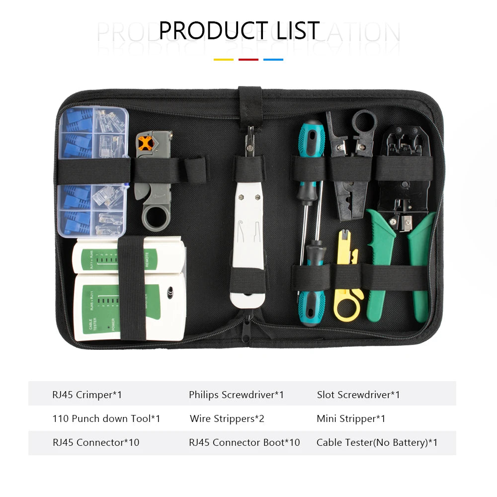 RJ45 Crimping Tool Kit Network RJ45 RJ11 Cable Tester Stripper Punch Down Tool Screwdrivers 10pcs Cat5 Plugs Boots Set