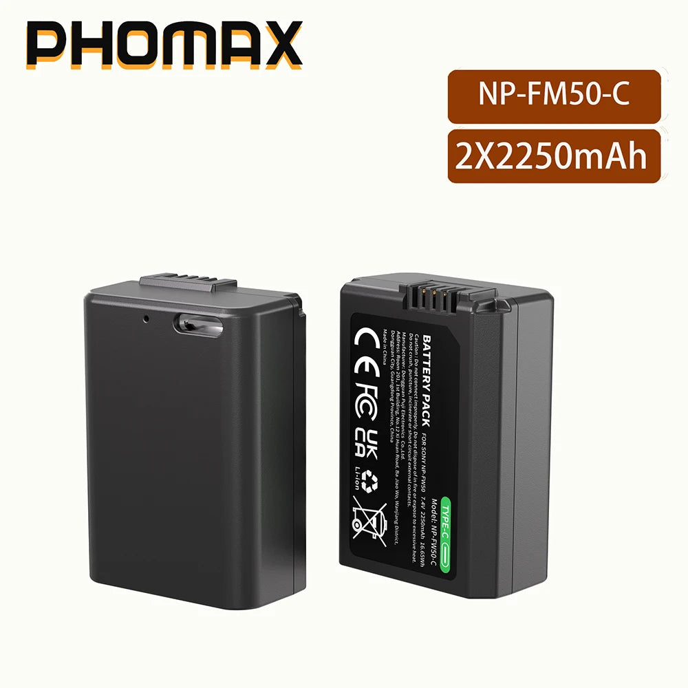PHOMAX 2250mAh NP-FW50 NPFW50 Battery Type-C Direct Charge for Sony A6400 A6000 ZVE10 A6300 A 7 M2 A7R2 A6100 A5100 NEX-7 NEX-F3
