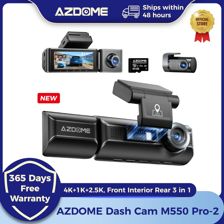 New AZDOME 4K M550 Pro Dash Cam Front Rear Interior 3 in 1 Car Camera 24H Parking Monitor Supercapacitor 5G WIFI GPS ADASCar DVR