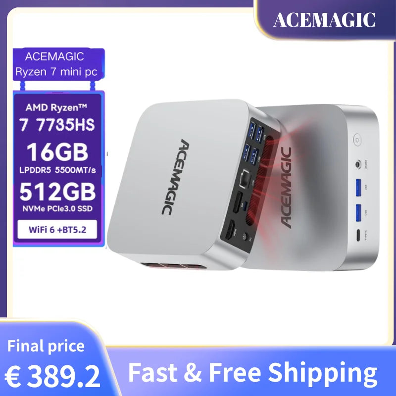 ACEMAGIC Mini Computer AMD Ryzen 7 7735HS 24GB LPDDR5RAM 512GB PCIe SSD Mini PC Support Radeon 680M Graphics Triple 4K WiFi 6 BT