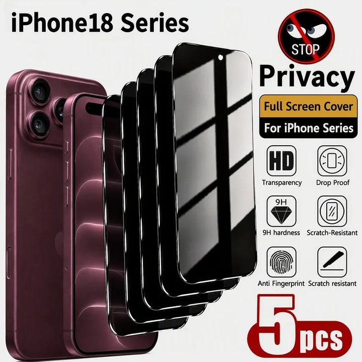 5pcs Anti-Peep Tempered Glass Screen Protector，For iPhone Duo/IPhone 18/IPhone 18 Pro Max/18 Pro，9H+Hardness，Anti-Fingerprint，