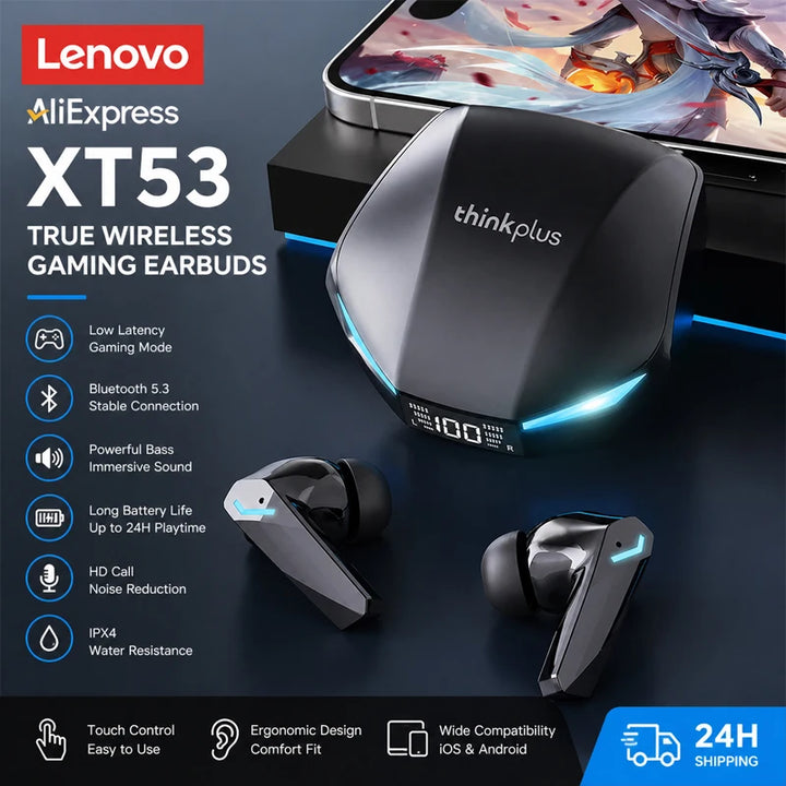 Auriculares Lenovo XT53 Bluetooth V5.4 con pantalla LED de carga, audífonos para juegos, impermeables, resistentes al sudor y auriculares inalámbricos mejorados