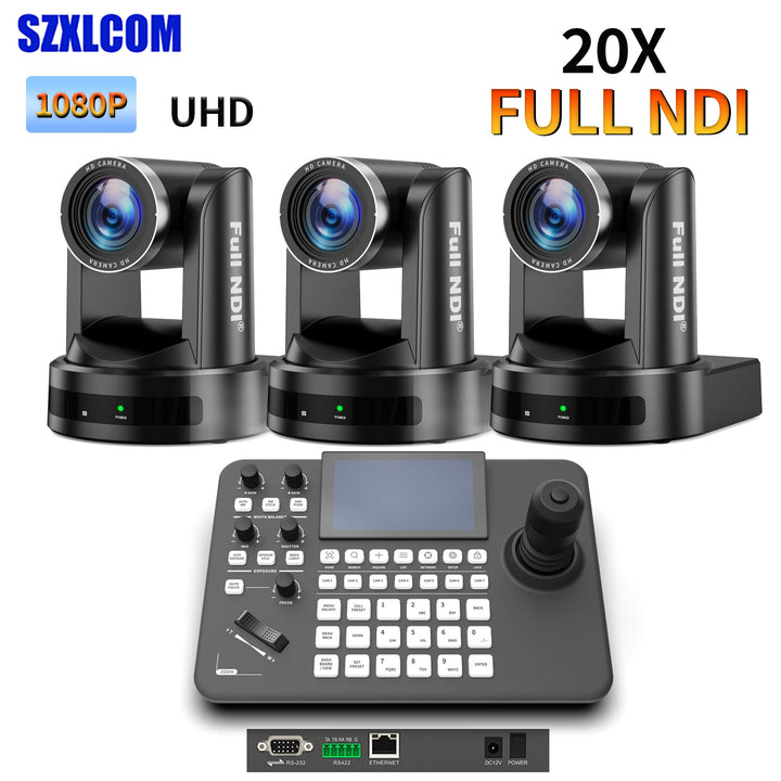 SZXLCOM 3-pack 20x Zoom Full NDI PTZ Camera 1080P HD PTZ Controll Keyboard Live Streaming Conference Camera