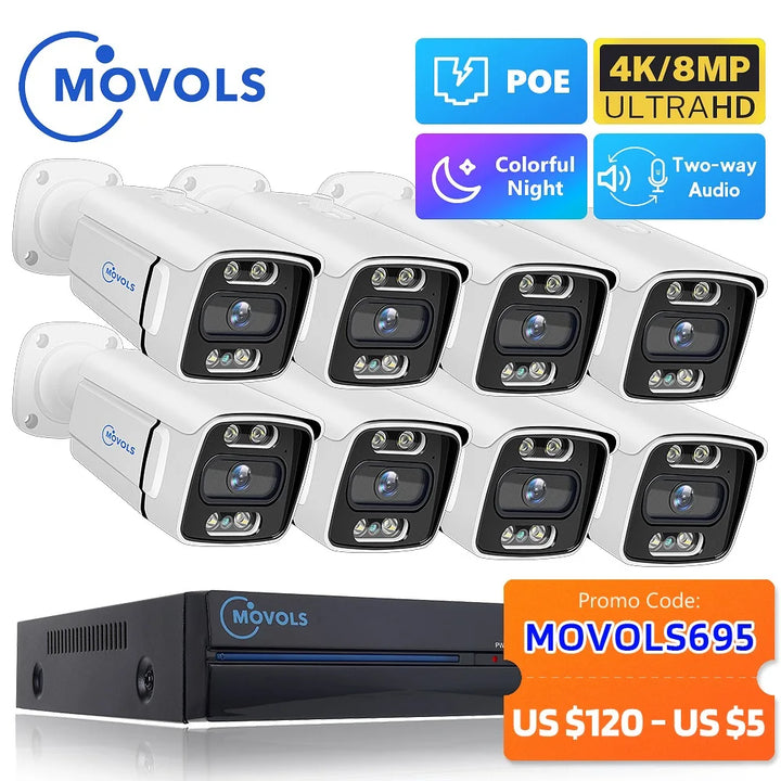 Sistema de cámaras de seguridad MOVOLS de 8 canales, 5MP y 8MP con PoE, audio bidireccional, kit NVR de 8MP, cámaras IP para exteriores, CCTV, H.265, videovigilancia P2P.