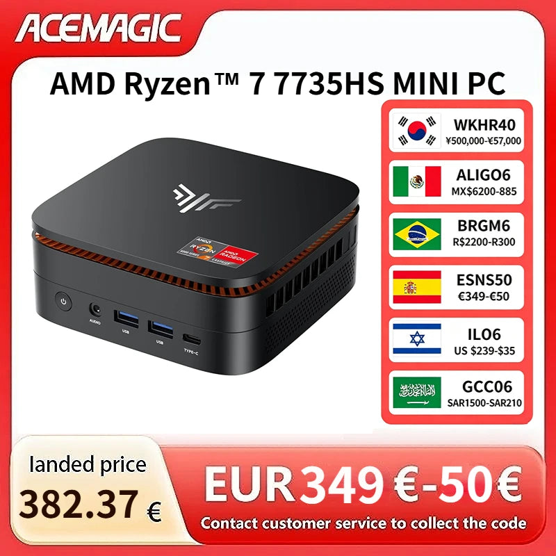 ACEMAGIC Ryzen 7 7735HS Gaming Mini PC 24GB LPDDR5 6400MHz 1TB NVMe SSD Radeon Graphics 8C 16T Desktop Computer 4K Triple Displa