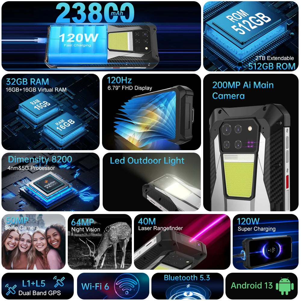 8849 Tank 3 Rugged 32GB 512GB 23800mAh Android14 120W Charger Dimensity 8200 5G 200MP 120Hz Outdoor Light  GPS Dual SIM