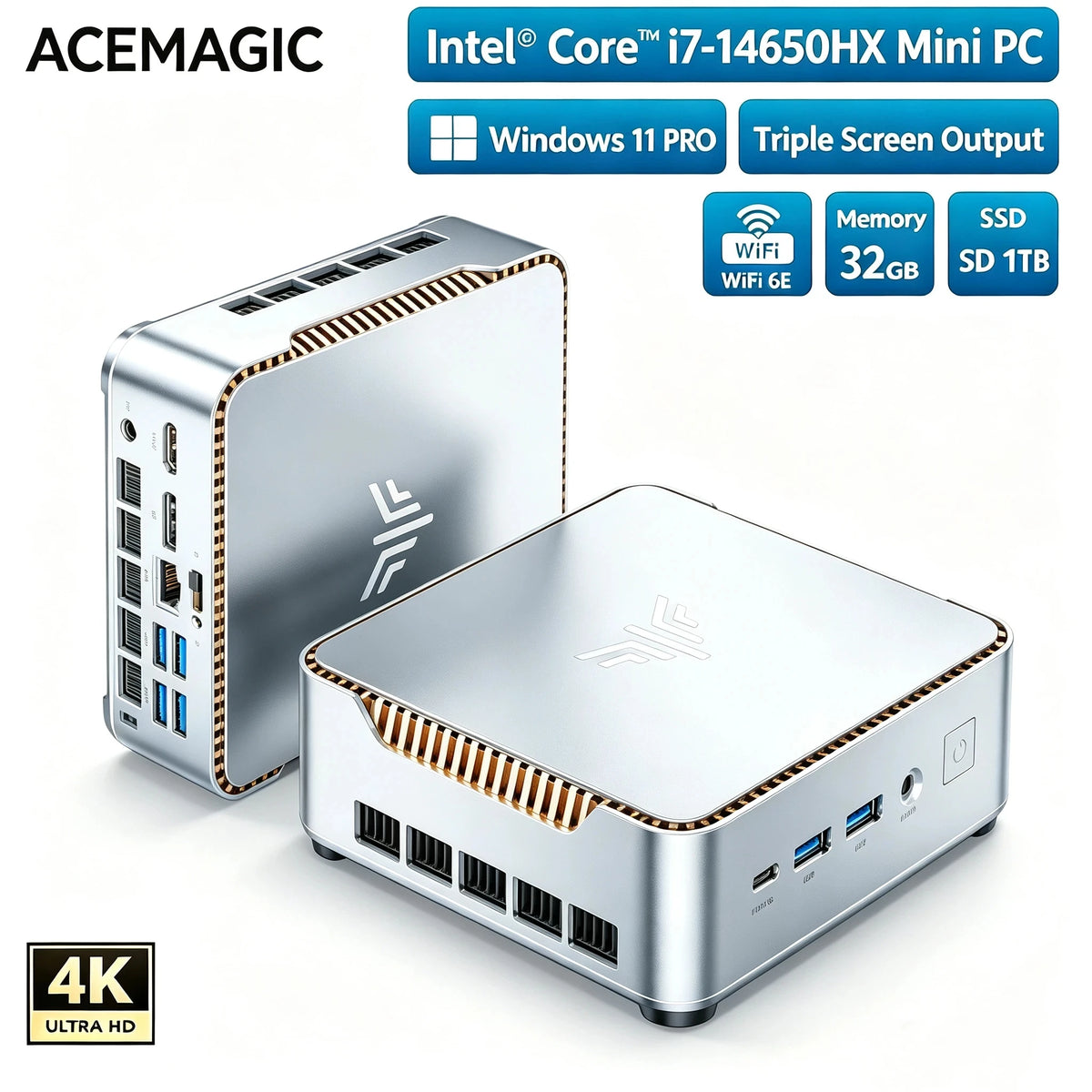ACEMAGIC i7-14650HX Mini PC 32GB DDR4 1TB NVMe SSD 55W High Performance Gaming Desktop PC Win11 Pro Triple 4K WiFi 6E Desktop PC