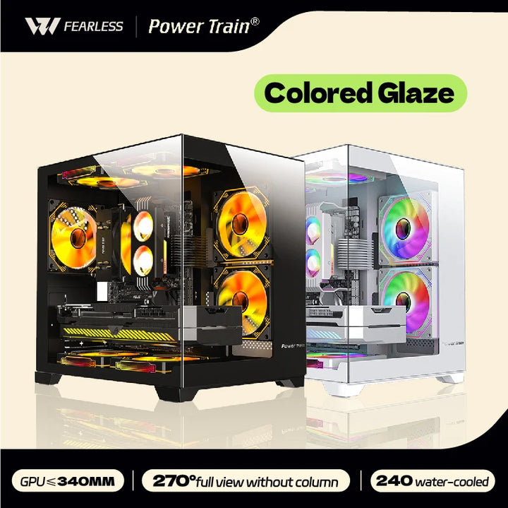 Power Train Coloured Glaze PC Case Sea View Room 270° Full View Without Column Desktop Chassis Support 240 Water Cooler