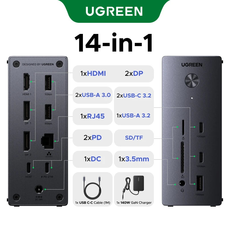 UGREEN 14-in-1 USB HUB Docking Station Type-C to 4K120Hz DP 4K60Hz 2xHDMI SD/TF RJ45 10Gbps USB-A/C PD Charging DC for Laptop PC