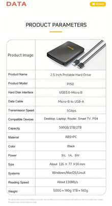 Kodak P150 Portable External Hard Drive USB 3.0 1TB 500GB HDD for PC Laptop PS4 Xbox Large Storage Backup Plug and Play
