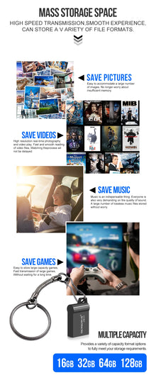 High Speed Mini USB 3.0 Flash Drive 16GB 32GB 64GB 128GB Metal Pendrive Waterproof usb drive Pen memory Sticks with key Chain