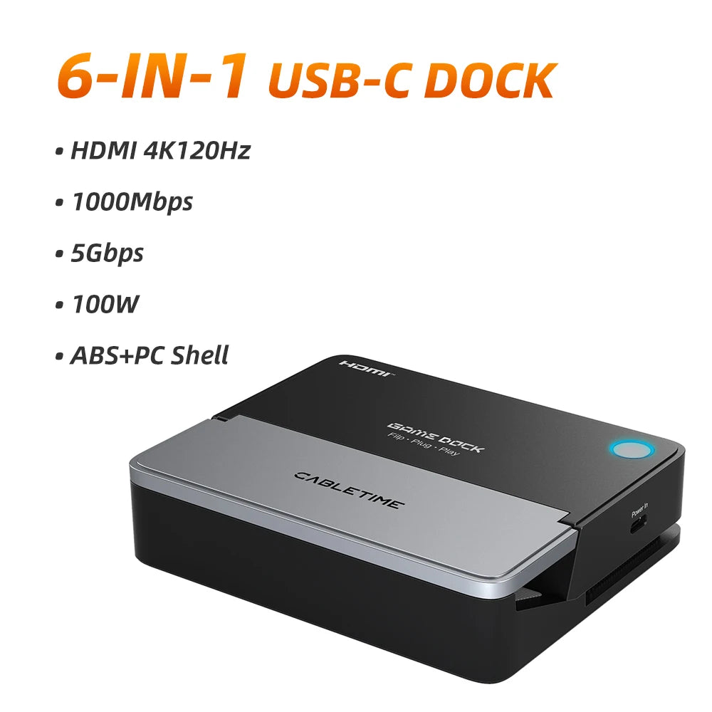 CABLETIME USB C Hub Docking Station Game Dock HDMI 4K 120Hz RJ45 Gigabit LAN 1000W for Nintendo Switch 1/2 Steam Deck OLED