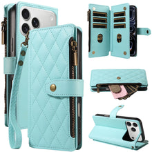Flip Cover Embroidered Wallet Case for iPhone 18 Pro Max 17 Pro 16 Plus 15 14 13 Mini 12 11 Pro with Multiple Card Slots, Zipper for Coins, Portable Wrist Strap, Faux Leather Protective Case